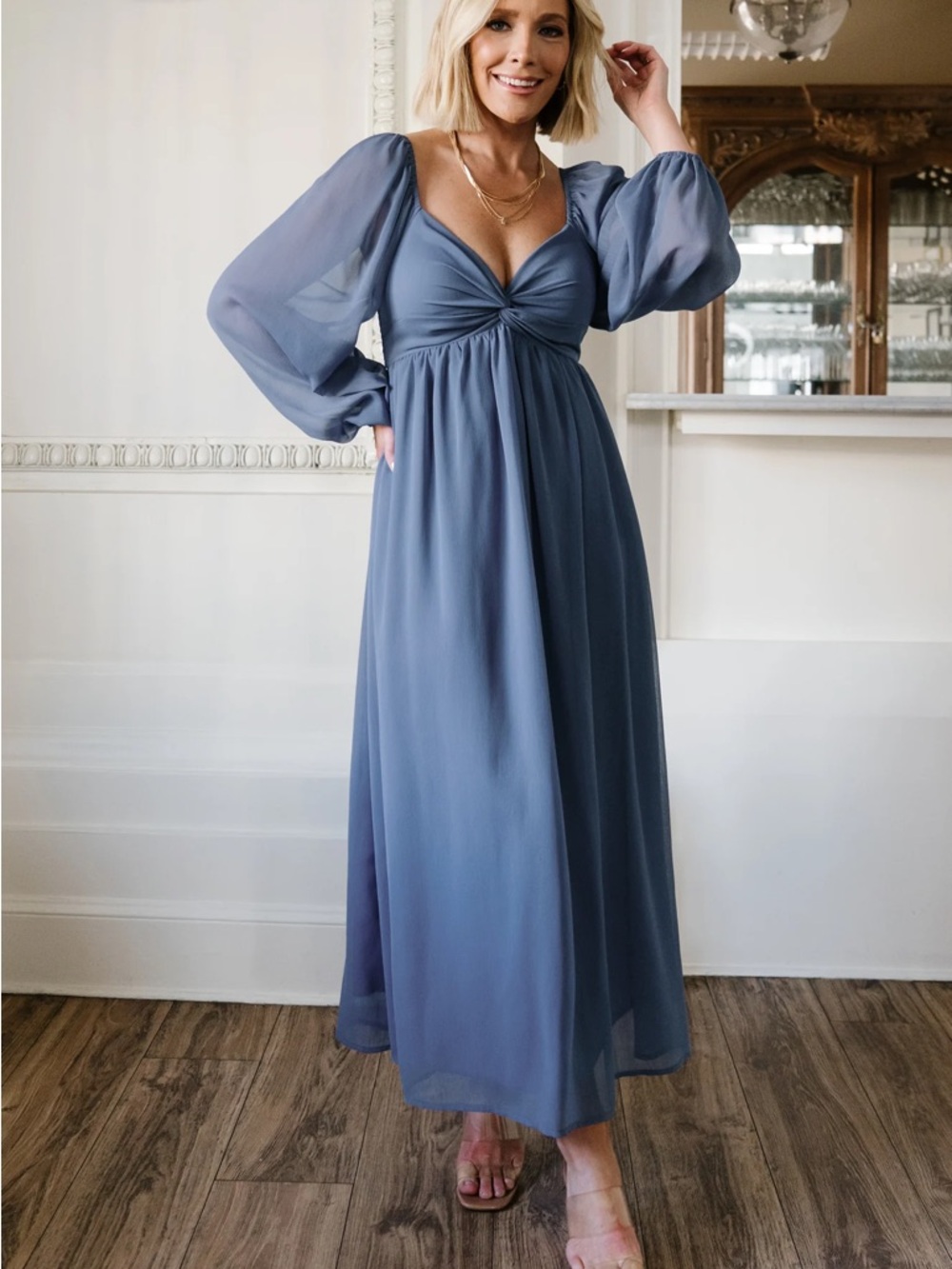 Baltic Born Dusty Blue Twist-Front Chiffon Maxi Dress